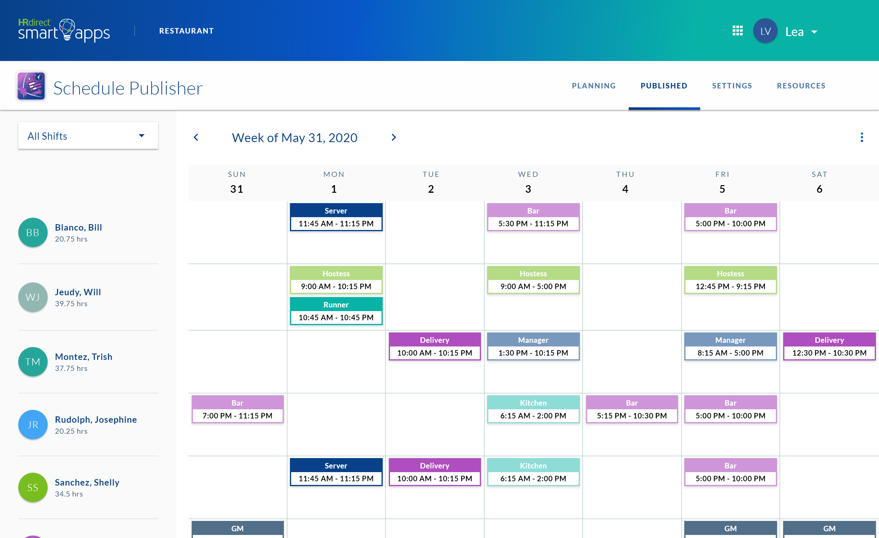 schedule publisher app's published page showing scheduled employees and their schedule for that week in a calendar format